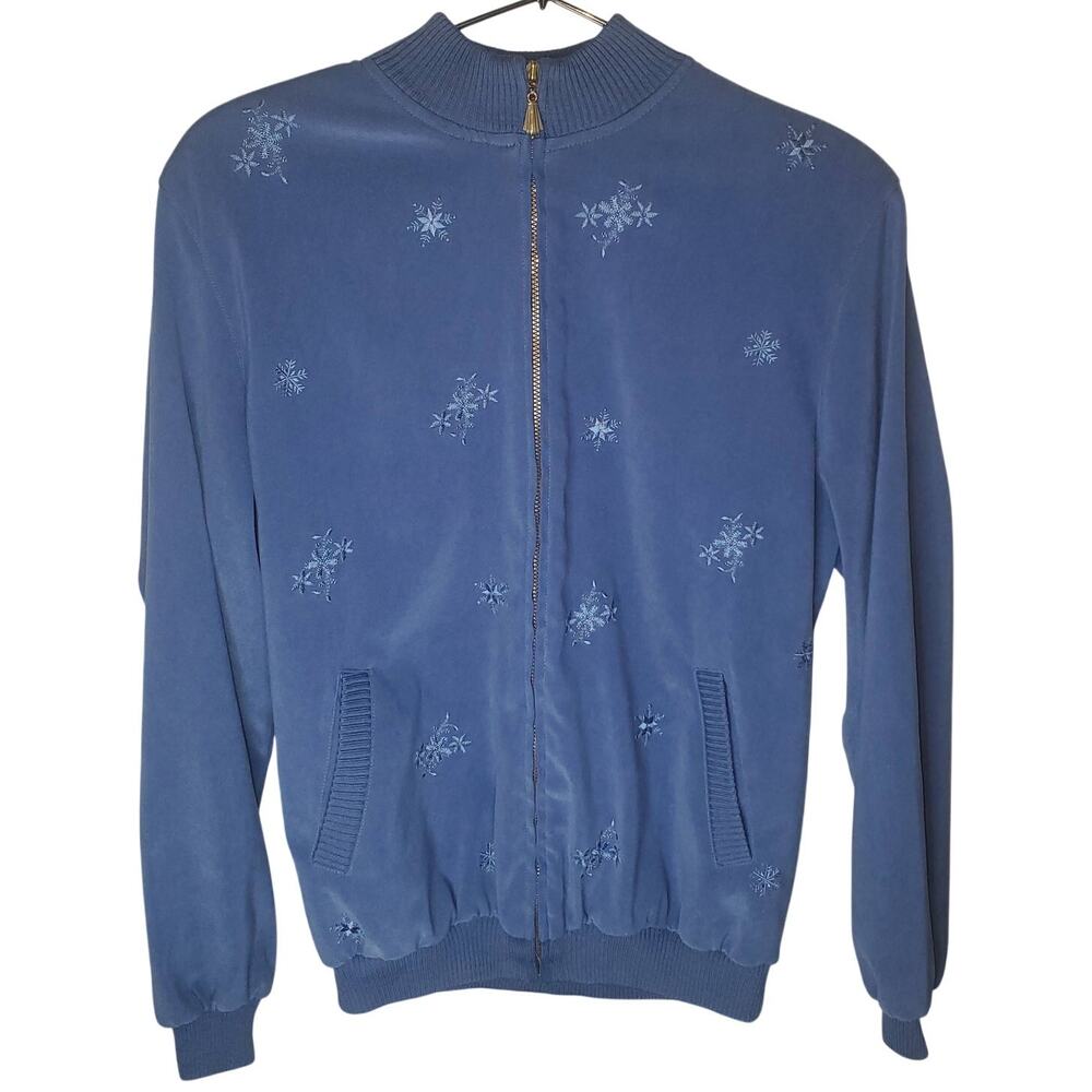 Vintage 90s Alfred Dunner Silky Bomber Jacket 10 Blue Snowflake Embroidered
